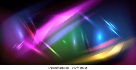Efectos de arco iris de destellos de luz desenfocados, ilustración vectorial sobre fondo negro. Elemento de diseño decorativo, reflejo de deslumbramiento borroso, luces ópticas, llamaradas abstractas coloridas de la lente