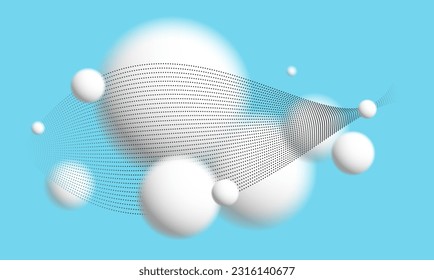 Defocused light levitating spheres with particles wave flowing atmospheric ambient vector background over blue, 3D balls soft and easy futuristic wallpaper.