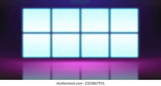 Pantalla LED realista desenfocada en el escenario. Ilustración vectorial de una gran pantalla LCD con brillantes luces de punto azules y blancas. Fondo de la sala de conciertos, espectáculo de teatro moderno, decoración de discoteca