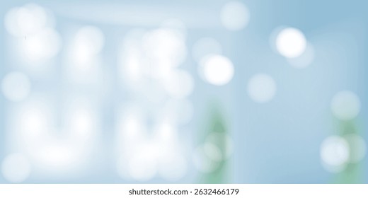 Defocused shot of interior of blue wall room with bokeh lights from window. Blurred image of modern office with circular bokeh lights from light. Abstract pattern background concept.