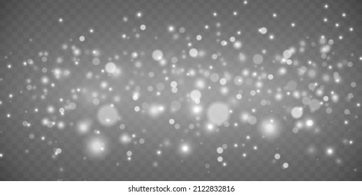 Defocused sparkle, stars and bokeh. Blurred white sparks or flares. Cloud of random blurry spots. Christmas glowing light confetti and spark. Shining dust on transparent background. Xmas flash. Vector
