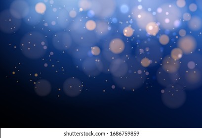 Defocused sparks on dark blue. Celebrating bokeh sparkles vector background, winter celebrate fireworks blurred backdrop