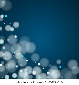 Defocused transparent bokeh lights holiday decoration. White abstract snowflakes over dark blue background. Blurred bokeh lights flare effect round elements xmas poster backdrop