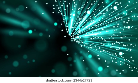 Defocused Turquoise Rays of Light with Flying Particles on Dark Background, Vector Illustration
