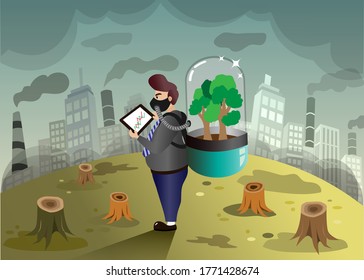 Deforestation, air pollution environment, ecology and earth day concept. Businessman carrying and breating from oxygen tank in glass capsule from trees. Vector Illustration