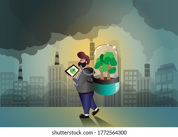 Deforestation, air pollution environment, ecology and earth day concept. Businessman carrying and breating from oxygen tank in glass capsule from trees. Vector Illustration