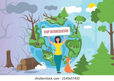 Deforestation background with environmental protection and ecology symbols flat vector illustration