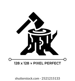 Ícone de glifo preto de desmatamento. Coto de árvore e machado. Degradação e exploração das florestas. Corte de madeira. Registro. Símbolo de silhueta em espaço em branco. Pictograma sólido. Ilustração isolada de vetor