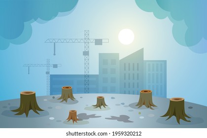 Deforestation for buildings construction with heating and climate change. Earth day,ecology environment and pollution concept.