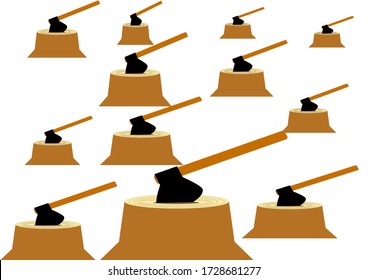 Deforestation with carpentry tool ax. Ecology. Environmental Protection. Timber industry. Ecological catastrophy. Joiner's tool. Vector image