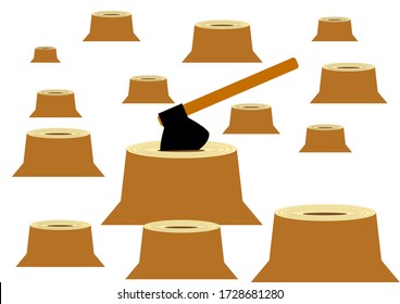 Deforestation with carpentry tool ax. Ecology. Environmental Protection. Timber industry. Ecological catastrophy. Joiner's tool. Vector image