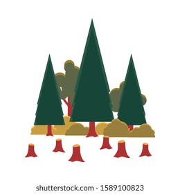 Deforestation - cartoon trees in forest with cut brown stumps in front, environmental problem concept for wood conservation. Isolated flat vector illustration.