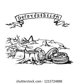 Deforestation caused by international corporations in the third world countries is one of the most acute global environmental problems. Linear drawing isolated on white background. EPS10 vector.
