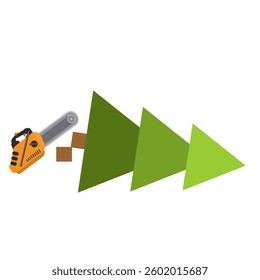 Deforestation. A chainsaw saws a tree, vector illustration.