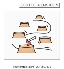 Deforestation color icon. Rain forest tree cutting with stubs and lumber axe. Concept of ozone layer degradation, rain forest conservation. Isolated vector illustration