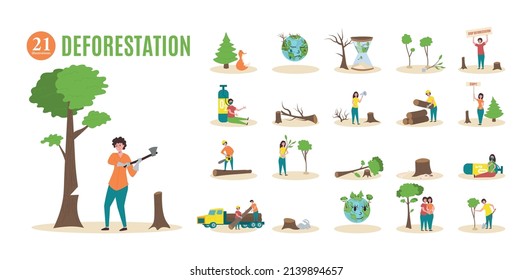 Deforestation composition set with environmental protection symbols flat isolated vector illustration