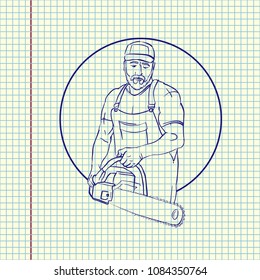 Deforestation concept. Wood cutter wear cap holding chainsaw. Sketched man cut a tree. Stock Vector Illustration. 