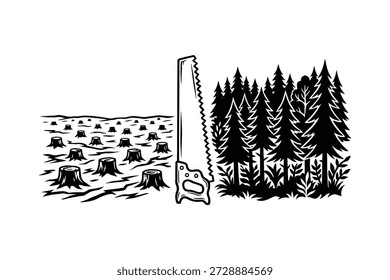 Deforestation Contrast, Tree Stumps vs. Forest with Saw