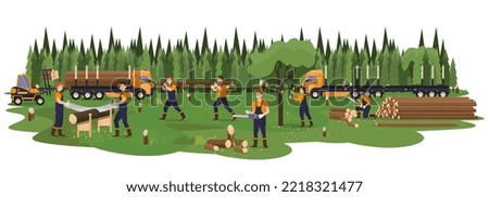 Deforestation, cutting of wood. Fire wood preparation. Forest fell. Energy crisis. Wood fuel industry. Sawing, chopping, cutting of trees, logs by workers, woodcutters. Flat vector illustration.