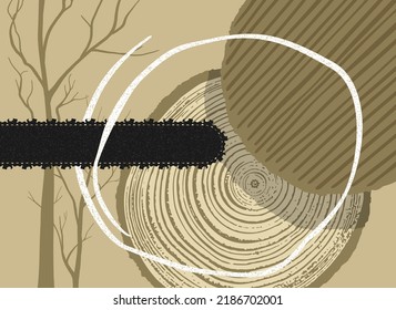 Entwaldung als Umweltkatastrophe - Baumschneiden und Kettensäge Silhouette. Abstrakte Vektorgrafik