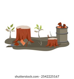 Desmatamento e poluição ambiental em design plano. Destruição do ecossistema. Ilustração vetorial isolada.