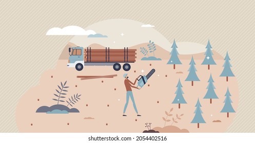 Deforestation environmental problem, clearing of forested land tiny person concept. Worker cutting trees in forest felling. Obtaining wood resources and destroying natural landscape. Ecosystem damage