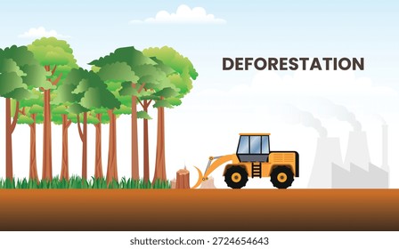 Deforestación con excavadora eliminando árboles de la Ilustración vectorial forestal, deforestación causada por la actividad industrial Sitio web Anuncio