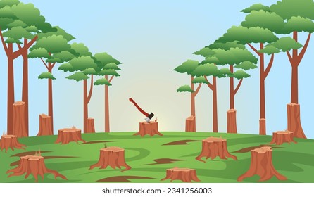 deforestation and exploitation forest illustration, environmental destuction vector illustration concept, trees stump, dead nature of green forest