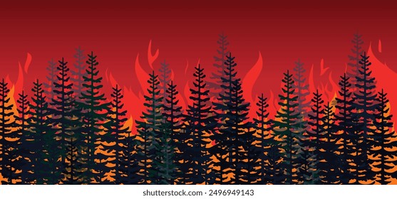 Deforestation with fire flames for Fireman's job, campaign and public relations. vector flamme, landscape icon. Fire burning trees in forest. Coniferous forest, silhouette of pine trees and spruces. 