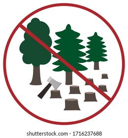 Deforestation is FORBIDDEN. Ax and forest in a red crossed circle. Ecological natural problem. Icons for your product, nature conservation concept design