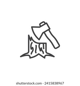 Icono de línea de deforestación o desminado forestal. signo de estilo lineal para concepto móvil y diseño web. Icono vectorial de contorno de trozo de árbol de hacha de hacha de árbol de hacha de x. Símbolo, ilustración del logotipo. Gráficos vectoriales
