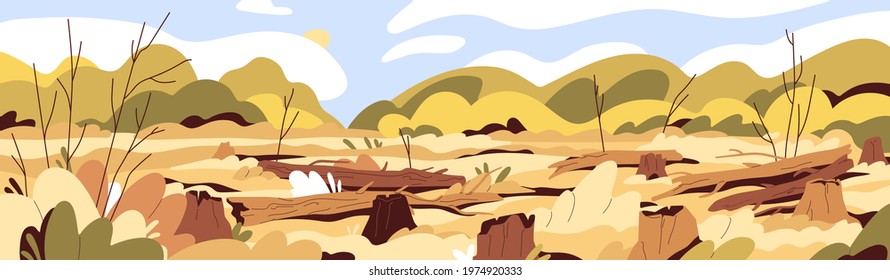 Deforestation and forest devastation concept. Landscape of drought in deserted wood with felled trees. Dead nature scenery with dry trunks and stumps. Flat vector illustration of ecology disaster