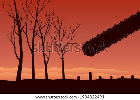 Deforestation as a global environmental disaster - cutting trees and chainsaw silhouette. Vector illustration