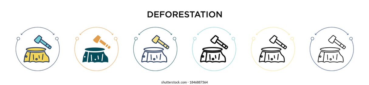 Deforestation icon in filled, thin line, outline and stroke style. Vector illustration of two colored and black deforestation vector icons designs can be used for mobile, ui, web