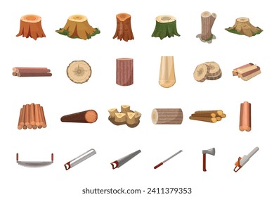 Deforestation icons set cartoon vector. Dead forest. Wood plant industry
