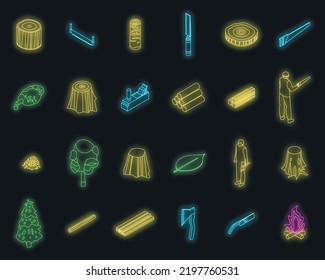 Deforestation icons set. Isometric set of deforestation vector icons neon color on black
