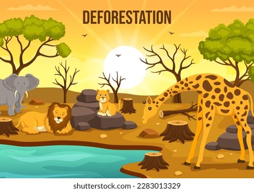 Deforestation Illustration with Tree in the Felled Forest and Burning Into Pollution Causing the Extinction of Animals in Cartoon Hand Drawn Templates