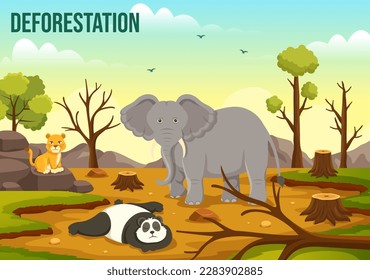 Deforestation Illustration with Tree in the Felled Forest and Burning Into Pollution Causing the Extinction of Animals in Cartoon Hand Drawn Templates