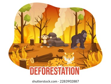 Deforestation Illustration with Tree in the Felled Forest and Burning Into Pollution Causing the Extinction of Animals in Cartoon Hand Drawn Templates