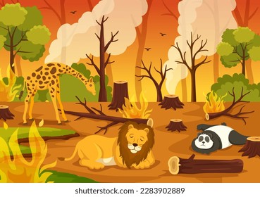 Deforestation Illustration with Tree in the Felled Forest and Burning Into Pollution Causing the Extinction of Animals in Cartoon Hand Drawn Templates