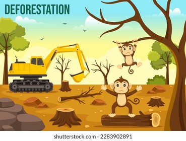 Ilustración de la deforestación con el árbol en el bosque tubado y quemándose en contaminación causando la extinción de animales en plantillas dibujadas a mano de dibujos