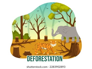 Deforestation Illustration with Tree in the Felled Forest and Burning Into Pollution Causing the Extinction of Animals in Cartoon Hand Drawn Templates