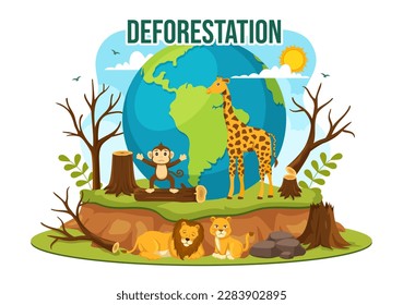 Deforestation Illustration with Tree in the Felled Forest and Burning Into Pollution Causing the Extinction of Animals in Cartoon Hand Drawn Templates