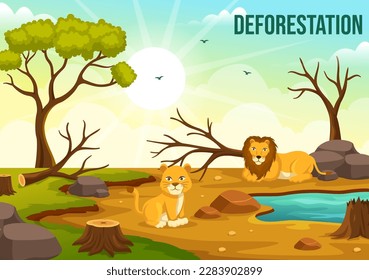 Deforestation Illustration with Tree in the Felled Forest and Burning Into Pollution Causing the Extinction of Animals in Cartoon Hand Drawn Templates