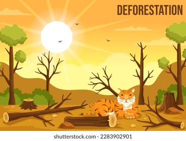 Deforestation Illustration with Tree in the Felled Forest and Burning Into Pollution Causing the Extinction of Animals in Cartoon Hand Drawn Templates