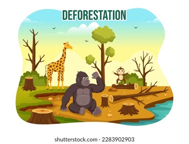 Deforestation Illustration with Tree in the Felled Forest and Burning Into Pollution Causing the Extinction of Animals in Cartoon Hand Drawn Templates