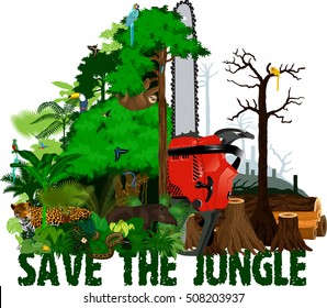 Deforestation  Jungle Vector Illustration. Vector Rainforest Destroyed With Animals.