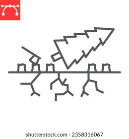 Entwaldung Linie Symbol, Klimawandel und Ökologie, Baum stumpft Vektorsymbol, Vektorgrafik, bearbeitbares Schlaganfallumriss, eps10.