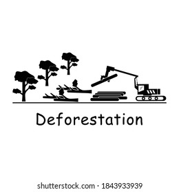 Deforestation Logging. Pictogram depicting logger logging machine cutting down tress destroying environment deforestation logging. Black and white EPS Vector