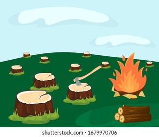 Deforestation for logging vector illustration. Cutting down forest industry. Stumps left after felling trees. Ax, logs, firewood, burning fire. Nobody. Damage to wildlife, environment.